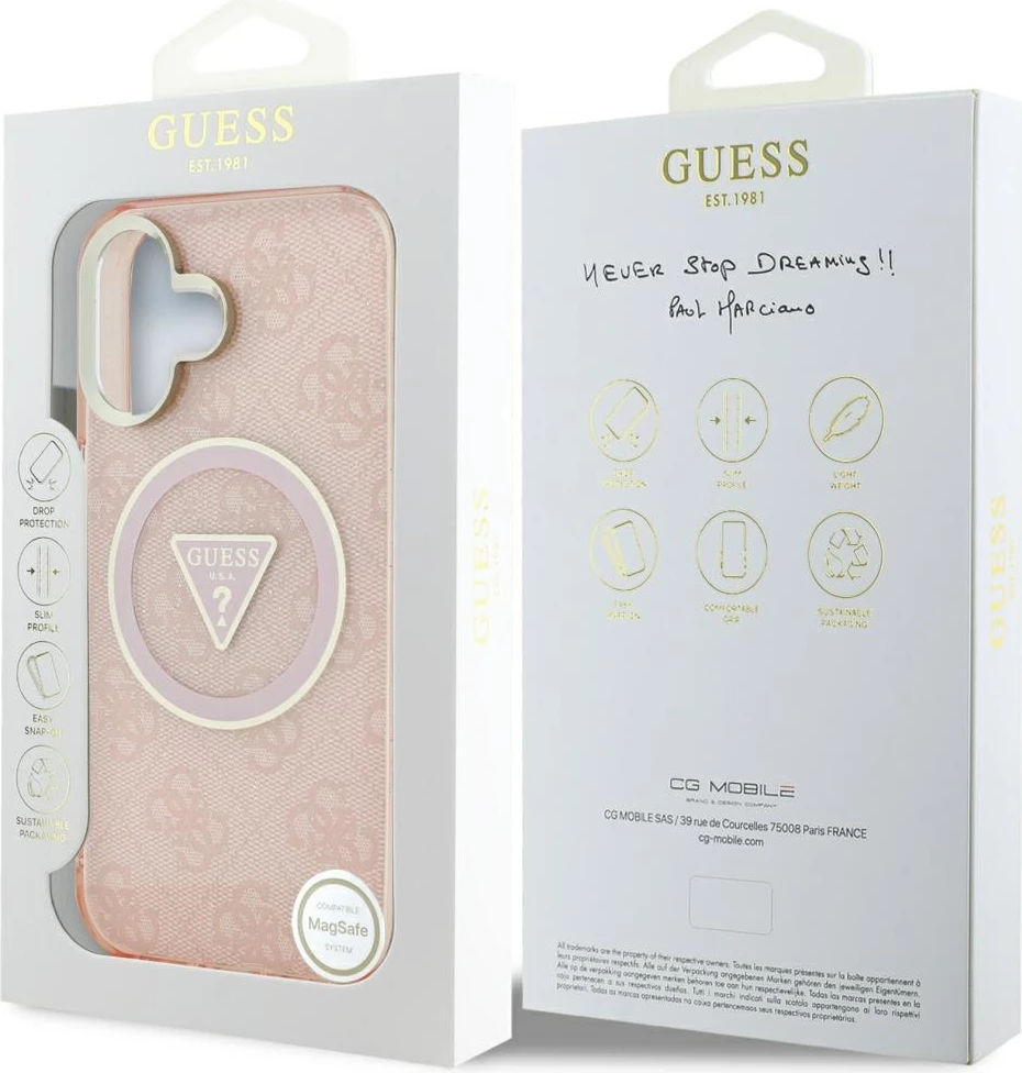 Mbështjellës Guess IML Metal Glitter 4G Circle Triangle MagSafe për iPhone 16, Rozë