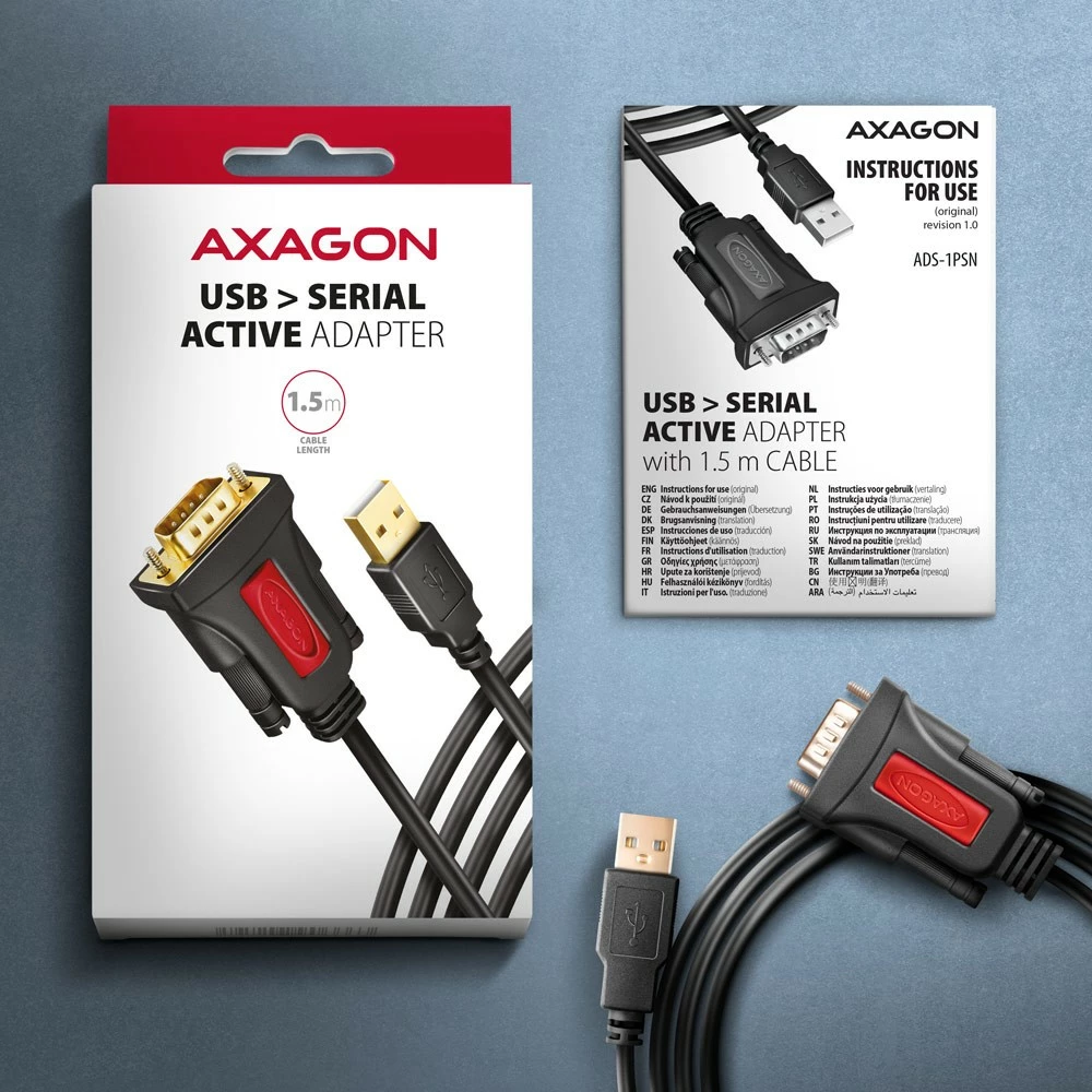 Adapter USB në RS-232 AXAGON ADS-1PSN, 1.5m, Prolific Chip, i zi