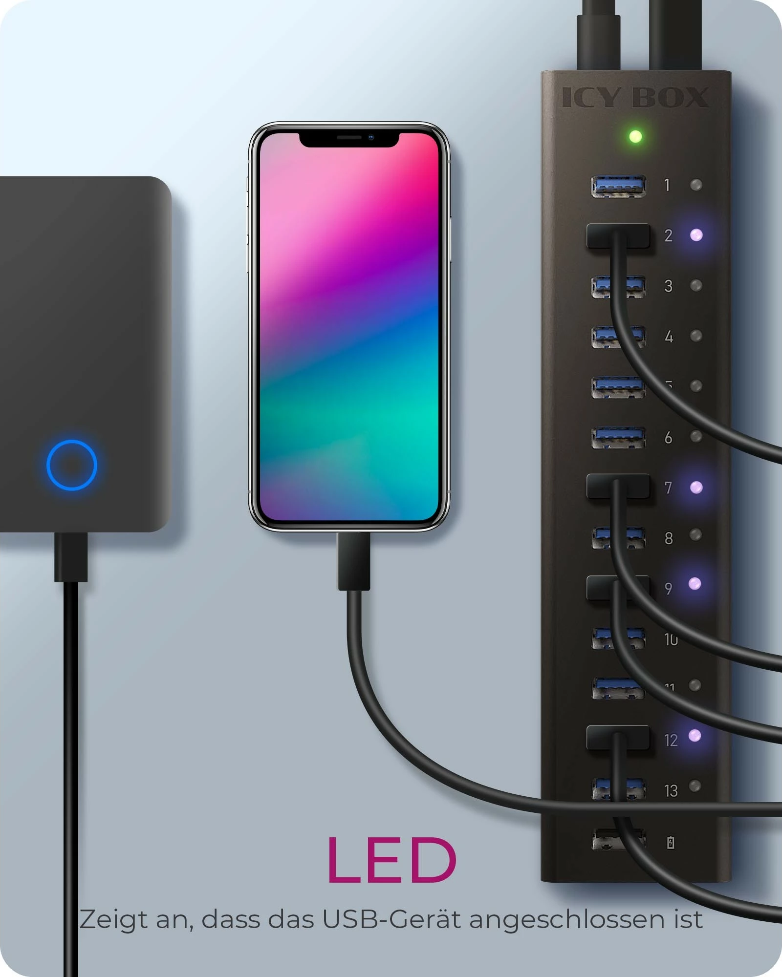 USB hub ICY BOX IB-AC6113, 14 porta, USB 3.2 Gen 1, alumini, e zezë