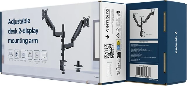 Krah monitori i rregullueshëm GEMBIRD MA-DA2P-02 për 2 monitorë, 17-32", i zi