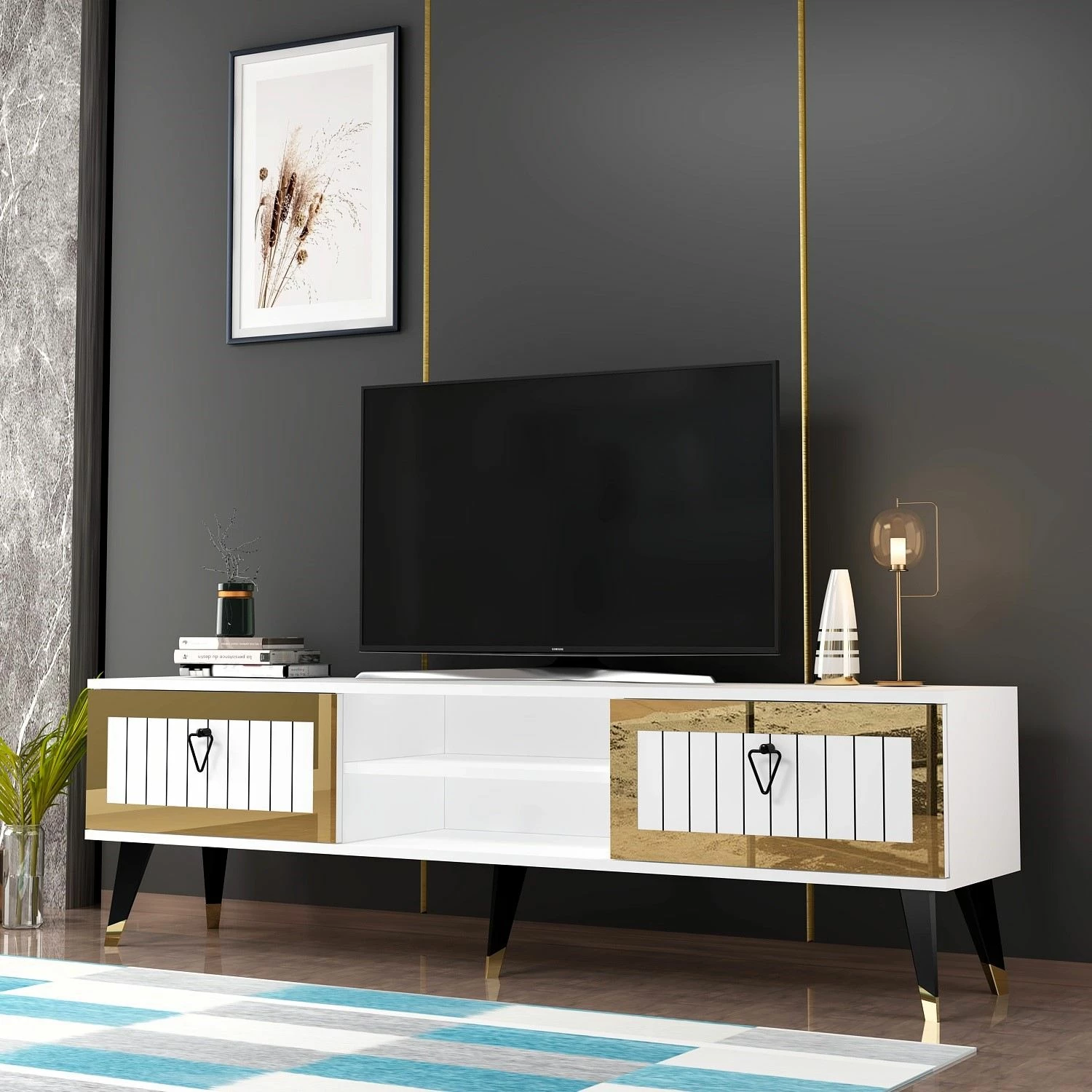 Komodë për TV Skye Decor, Lidya, e bardhë dhe ari