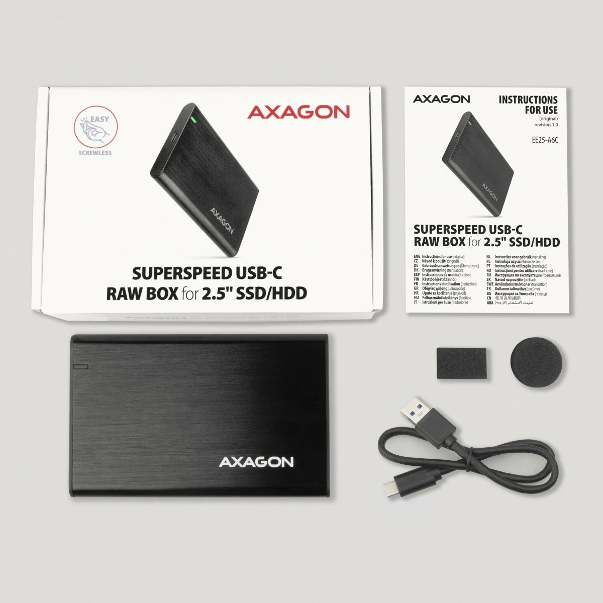 Kasë e jashtme AXAGON EE25-A6C për SSD/HDD 2.5", USB-C 3.2 Gen 1, alumini, karbon