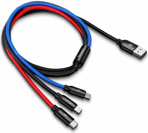 Kabllo USB Baseus Three Primary Colors 3w1 31567-uniw, USB-A në USB-C + microUSB + Lightning, 1.2 m, USB 3.0, e zezë