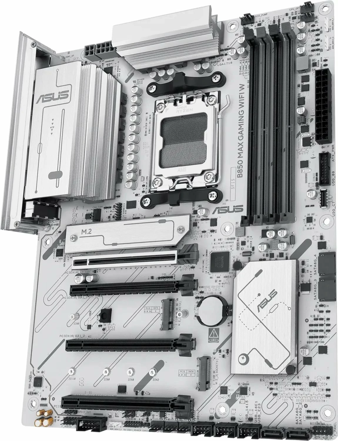 Pllakë amë Asus B850 MAX GAMING WIFI W ATX DDR5 deri 256GB, Wi‑Fi 6E/Bluetooth, e bardhë, me antenë WiFi dhe 2x kabllo SATA