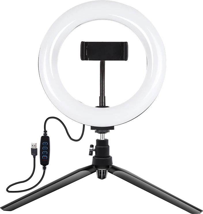 Ring light Puluz PKT3073B me tripod dhe mbajtës telefoni, 20cm, LED, USB, e bardhë