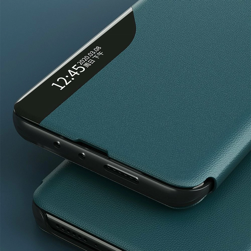 Mbështjellës Hurtel Eco Leather View Case për Samsung Galaxy A02s EU, me kapak dhe qëndrim, i zi