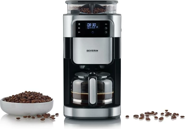 makinë kafeje Severin KA 4813 me bluarëse inoksi, 1.25L, ekran me prekje dhe timer, e zezë argjendtë