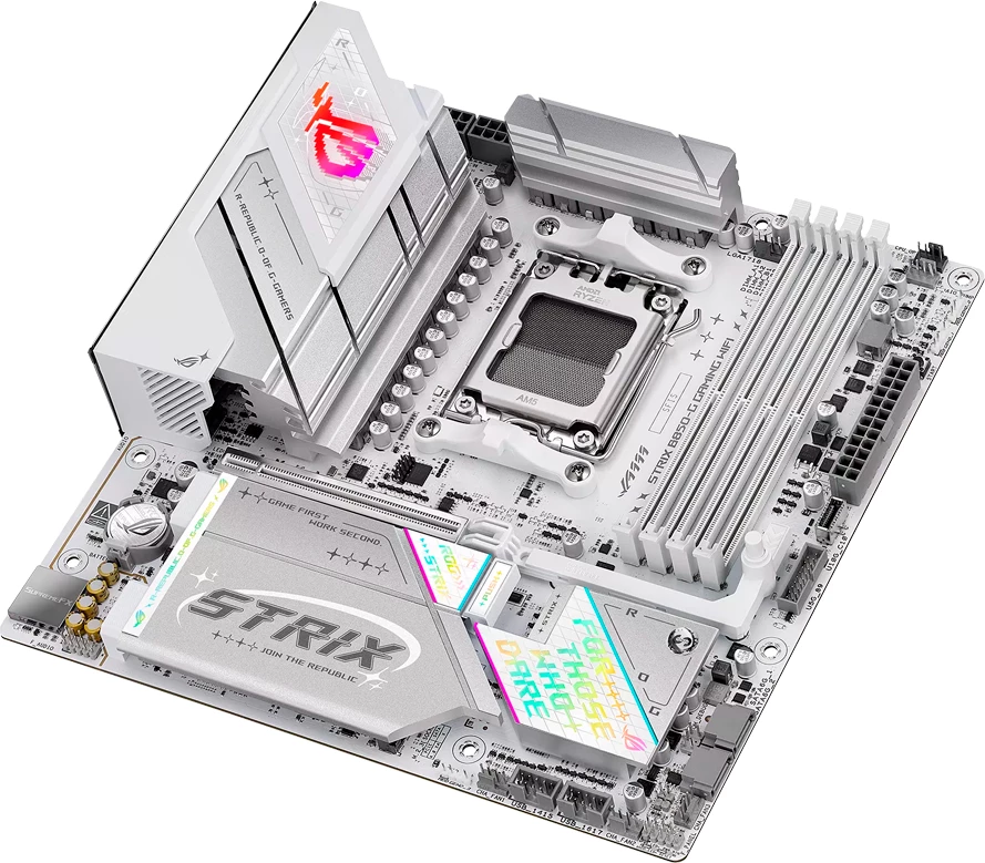 Pllakë amë ASUS ROG STRIX B850-G GAMING WIFI, AM5 mATX, DDR5 4xDIMM, 4xM.2, PCIe 5.0, 2.5GbE, WiFi 7, Bluetooth 5.4, HDMI/DisplayPort, Aura Sync, e bardhë