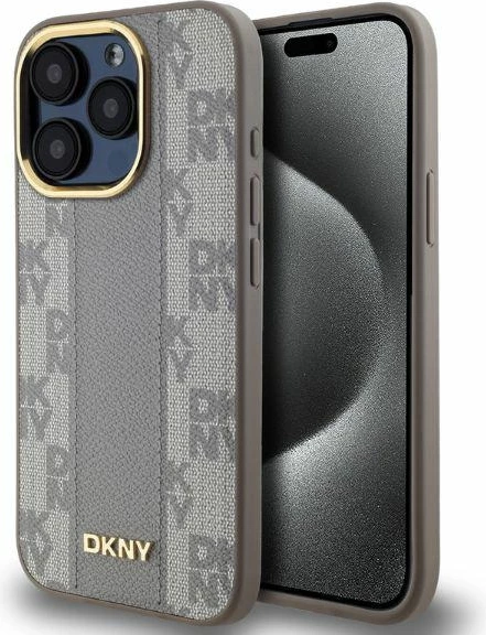 Mbështjellës DKNY Leather Checkered Mono Pattern MagSafe për iPhone 15 Pro Max, Bezhe