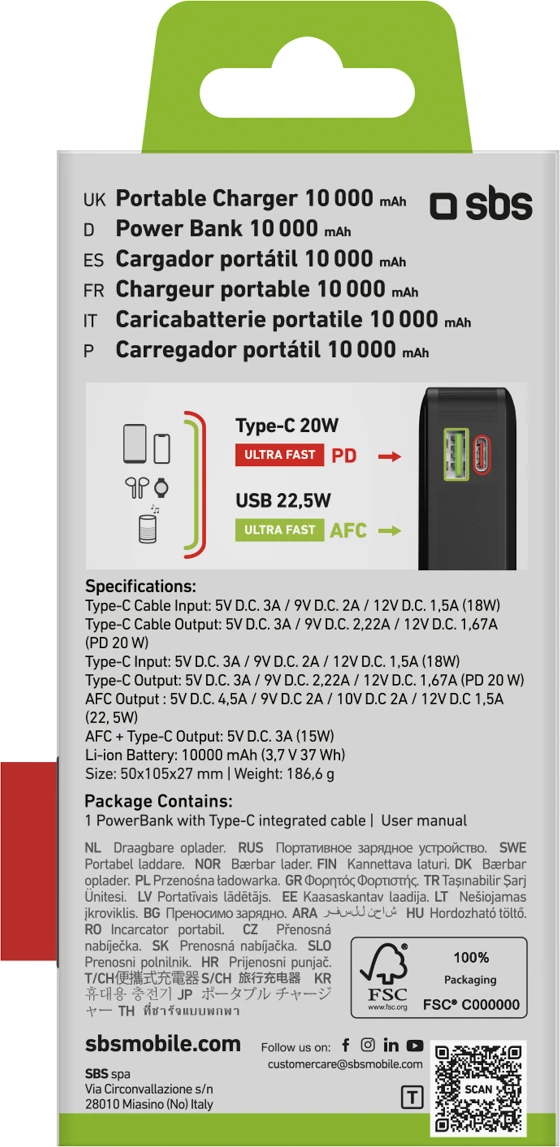 Powerbank SBS 20000 mAh 20W me kabllo USB-C të integruar dhe ekran digjital, e zezë