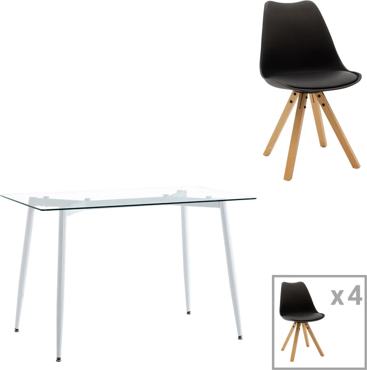 Tavolinë me karrige Quana-Caron, set 5 copë, xham dhe pp, ngjyrë e zezë-natyrale, 120x70x75cm