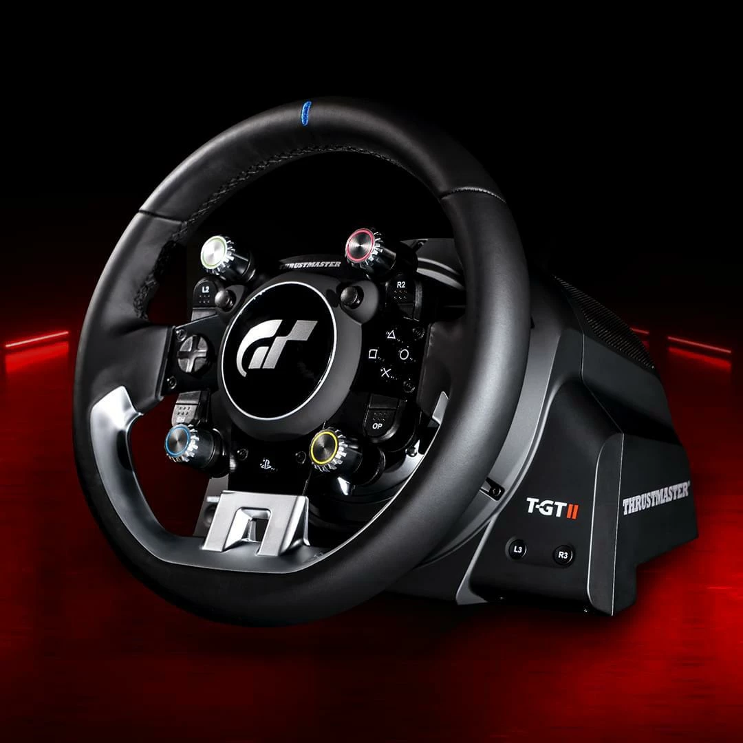 Timon garash Thrustmaster T-GT II, GT Wheel + Base, për PS5/PS4/PC, Force Feedback 40W, USB/Bluetooth, pack pa pedale, i zi