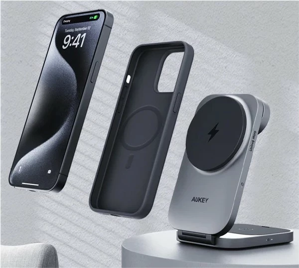 Karikues wireless 3-në-1 AUKEY LC-MC312 MagSafe Qi2, 15W + Karikues PD 30W, Gri, me etui