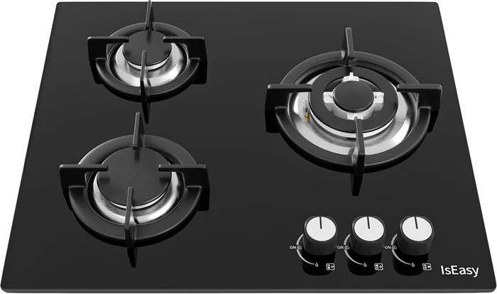 Plitë gazi inkaso IsEasy MGBG-603S2R, 3 djegësa, 60 cm, 7.75 kW, qelq i temperuar, grila gize, NG/LPG, e zezë