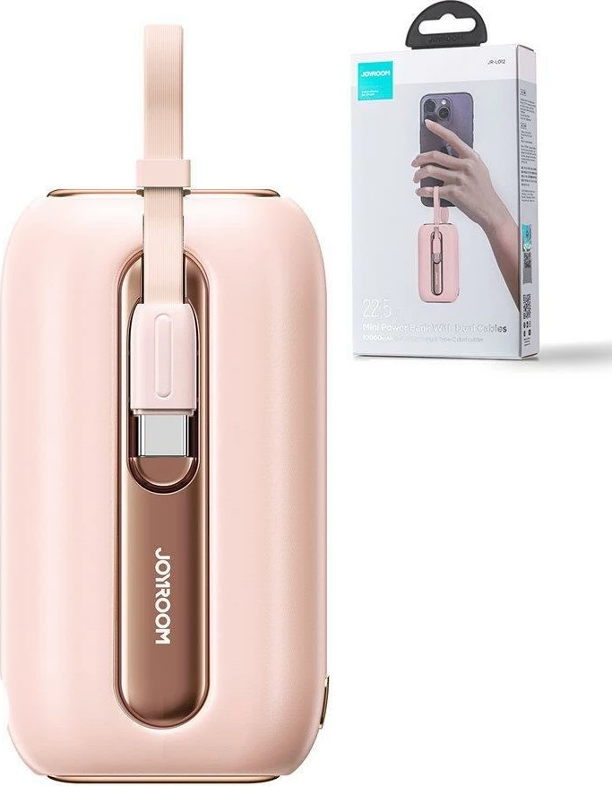 Powerbank Joyroom JR-L012, 10000mAh, 22.5W, me 2 kabllo të integruara USB-C dhe Lightning, Rozë
