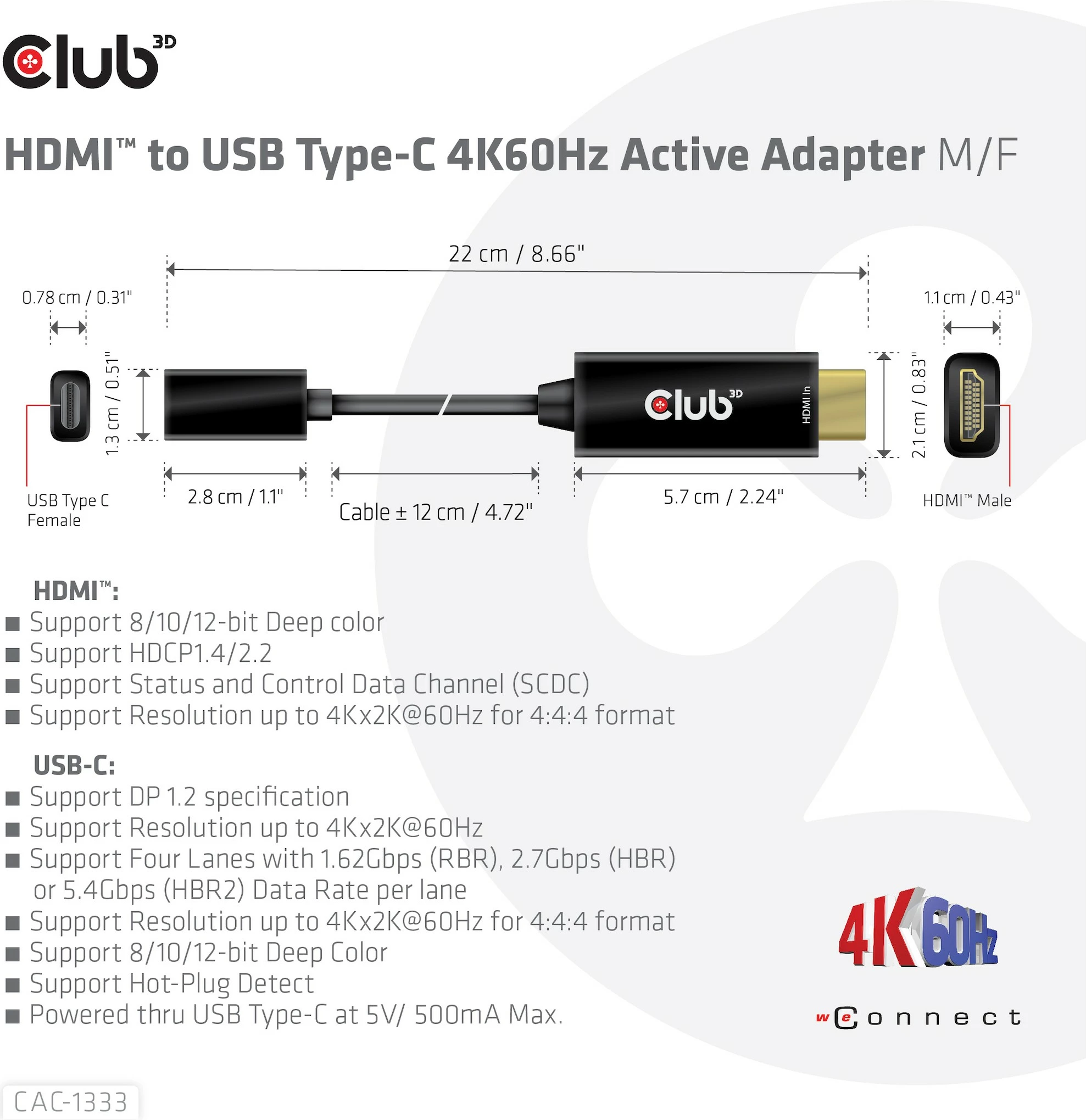 Adapter Club3D HDMI 2.0 në USB-C 4K60Hz, 0.22m, i zi