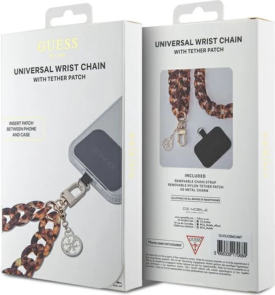 Mbështjellës dore Guess Big Hand Strap Acrylic 4G Charm, universal, ari/bronzi