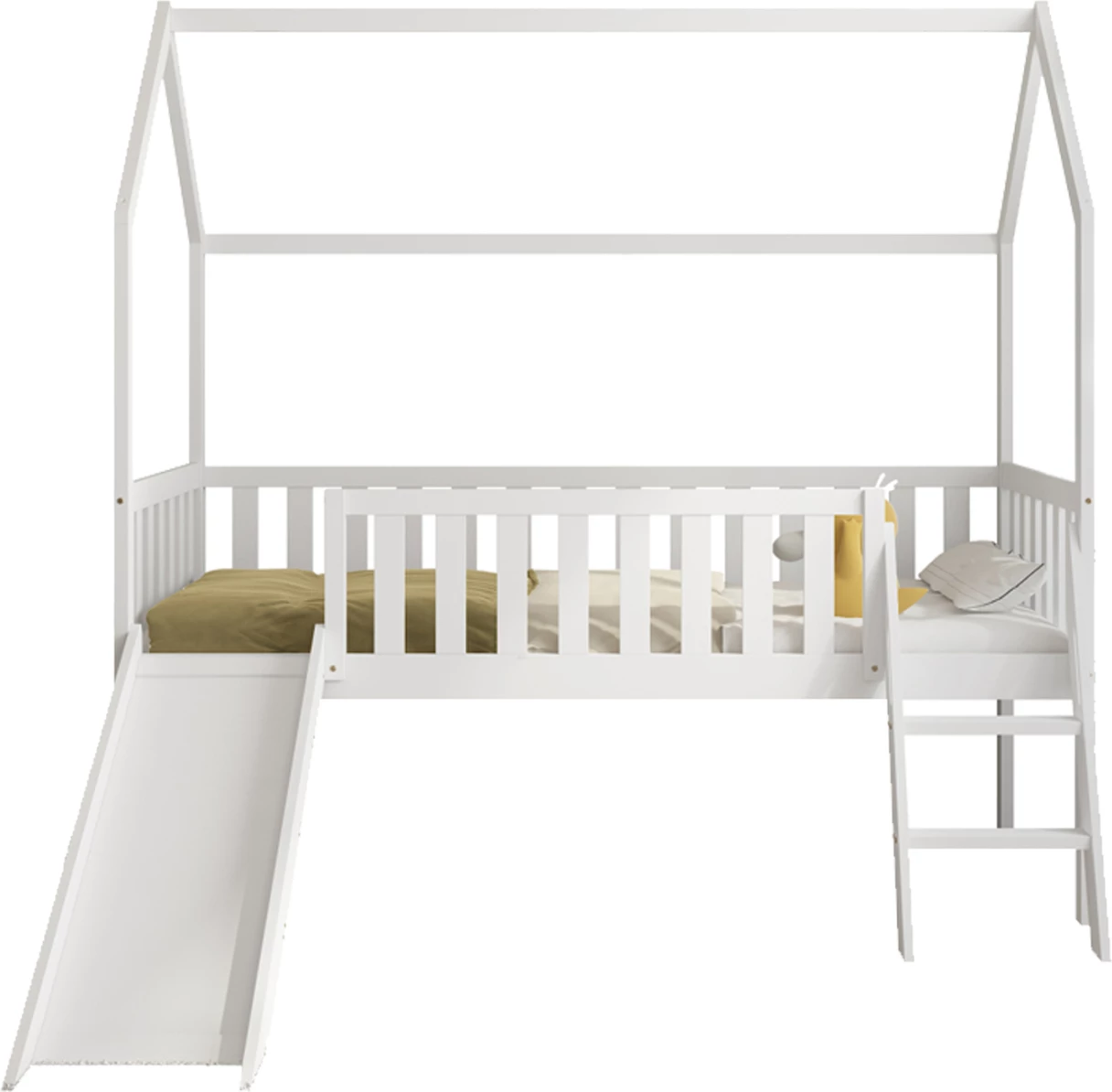 Krevat për fëmijë Montessori me rrëshqitëse, dru pishe, i bardhë, FH701.03, për dyshek 190x90cm