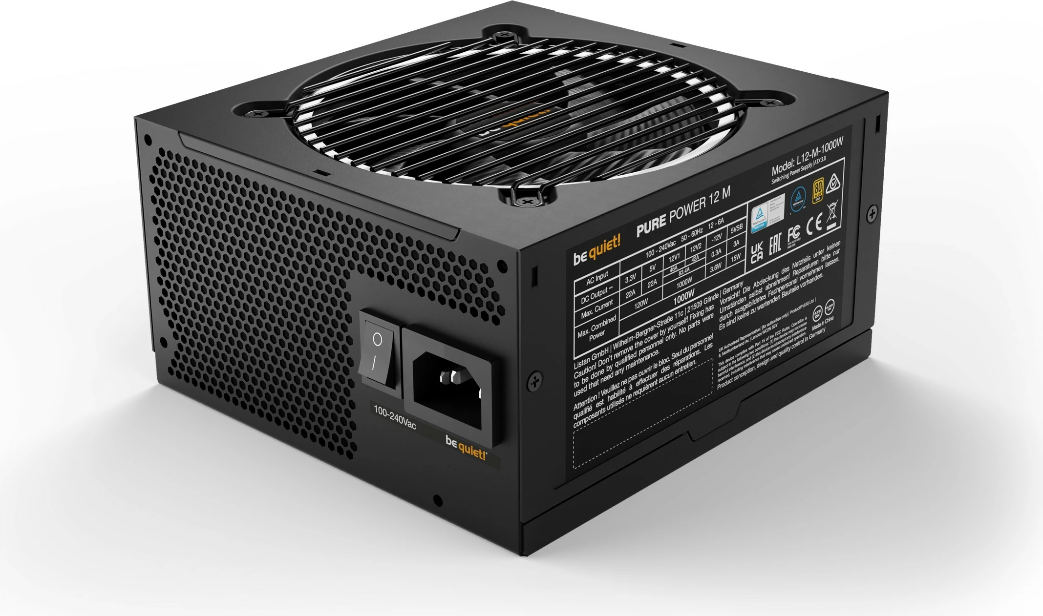 Furnizues energjie be quiet! Pure Power 12 M, 1000 W, 100 - 240 V, 1050 W, 50 - 60 Hz, 12 / 6 A, Aktiv