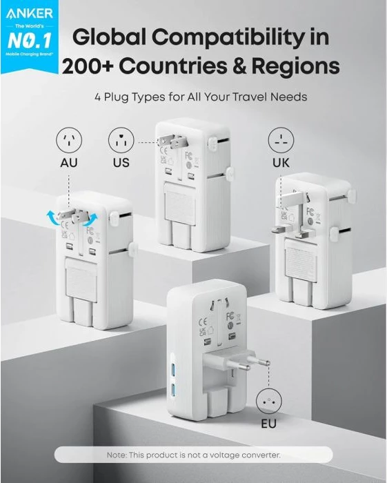 Adapter udhëtimi ANKER Nano A9215H21, 20W, 5-në-1 (2x USB-C/2x USB-A/AC), i bardhë
