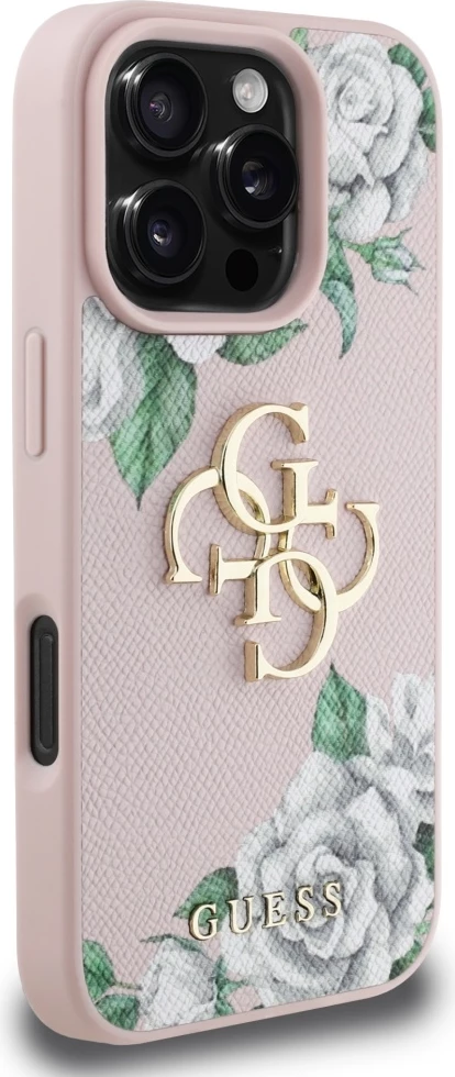 Mbështjellës Guess Grained Roses Big 4G logo për iPhone 16 Pro, Rozë