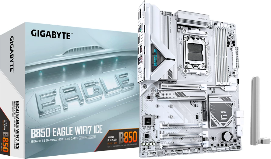 Pllakë amë GIGABYTE B850 EAGLE WF7 ICE, AM5, ATX, DDR5 deri 256GB, Wi‑Fi 7, 2.5GbE, e bardhë