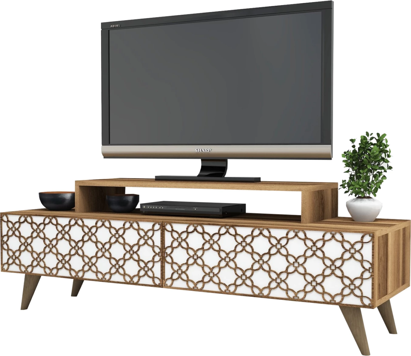 Komodinë TV melamine, ngjyrë arre dhe e bardhë, FH9510.04, 140x41.8x48.8 cm