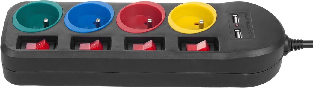 Shtrirës Maclean MCE229 B, 4 prizë + 2xUSB, 250VAC/10A, 1.5m, zi