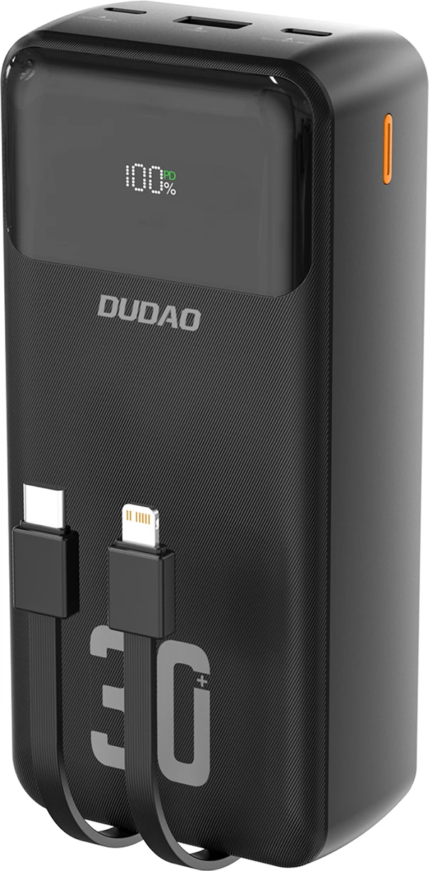 Powerbank Dudao K15MAX, 30000mAh, 22.5W, me kabllo të integruara, e zezë