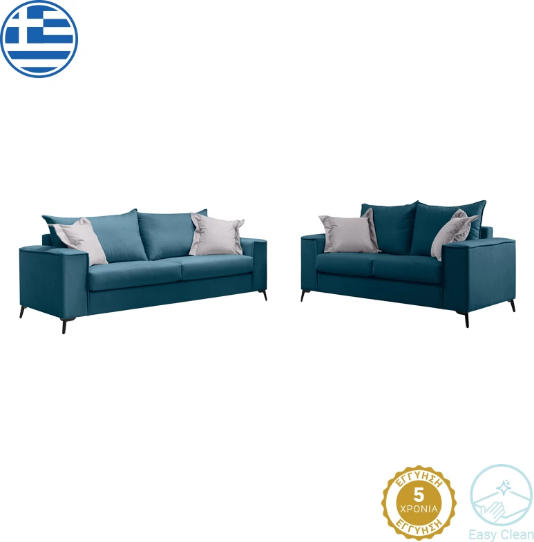 Set divanësh Verona 2 pjesë, pëlhurë blu me jastëkë ngjyrë gri të lehtë