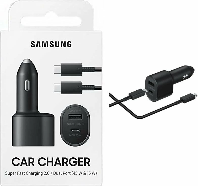Karikues veture Samsung EP-L5300XBEGEU 45W, 1x USB-A + 1x USB-C, Super Fast Charging 2.0, kabllo USB-C 1m, i zi