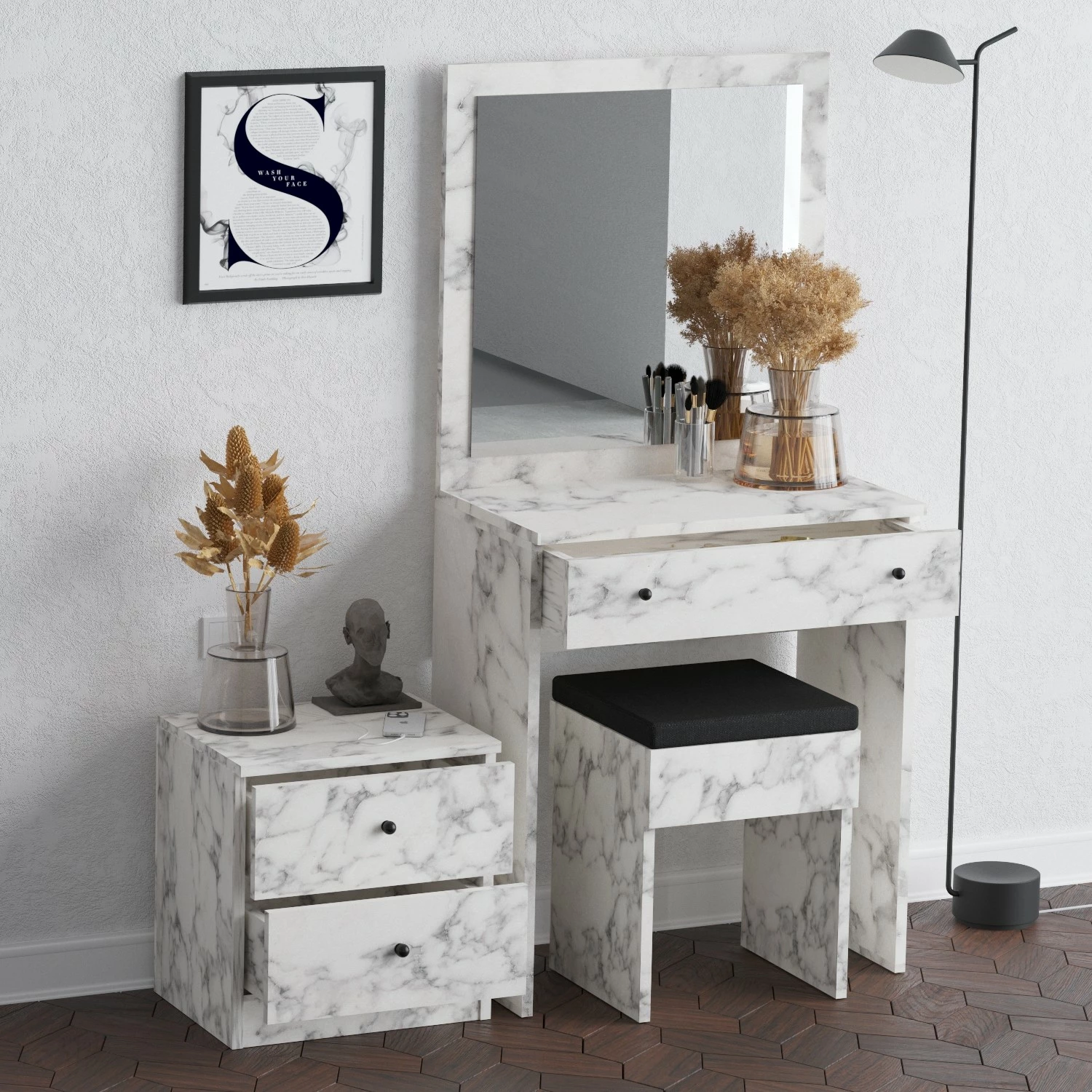Tavolinë grimi me komodinë e karrige, ngjyrë Carrara Marble, Hanah Home, Nice