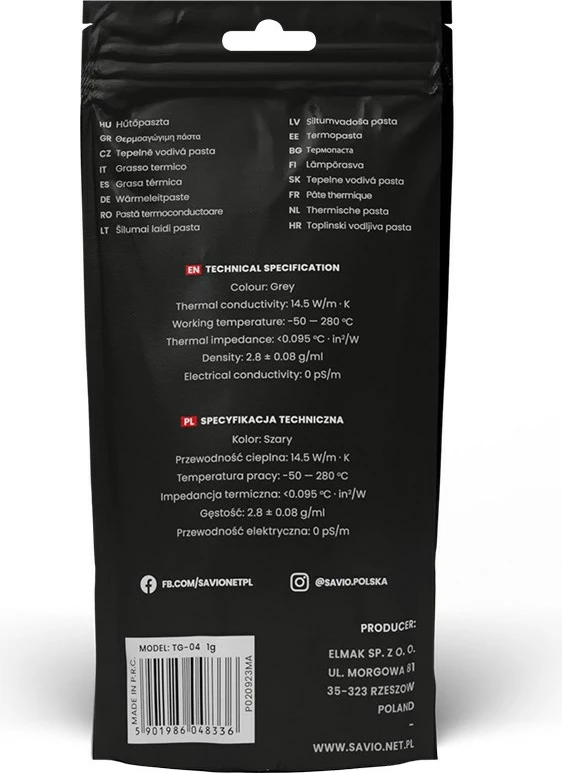 Pasta termale SAVIO TG-04, 14.5 W/m-K, 2g