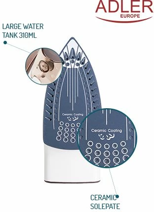 Hekur me avull Adler AD5030 2000W, shollë qeramike, rezervuar 280 ml, gri/rozë ari