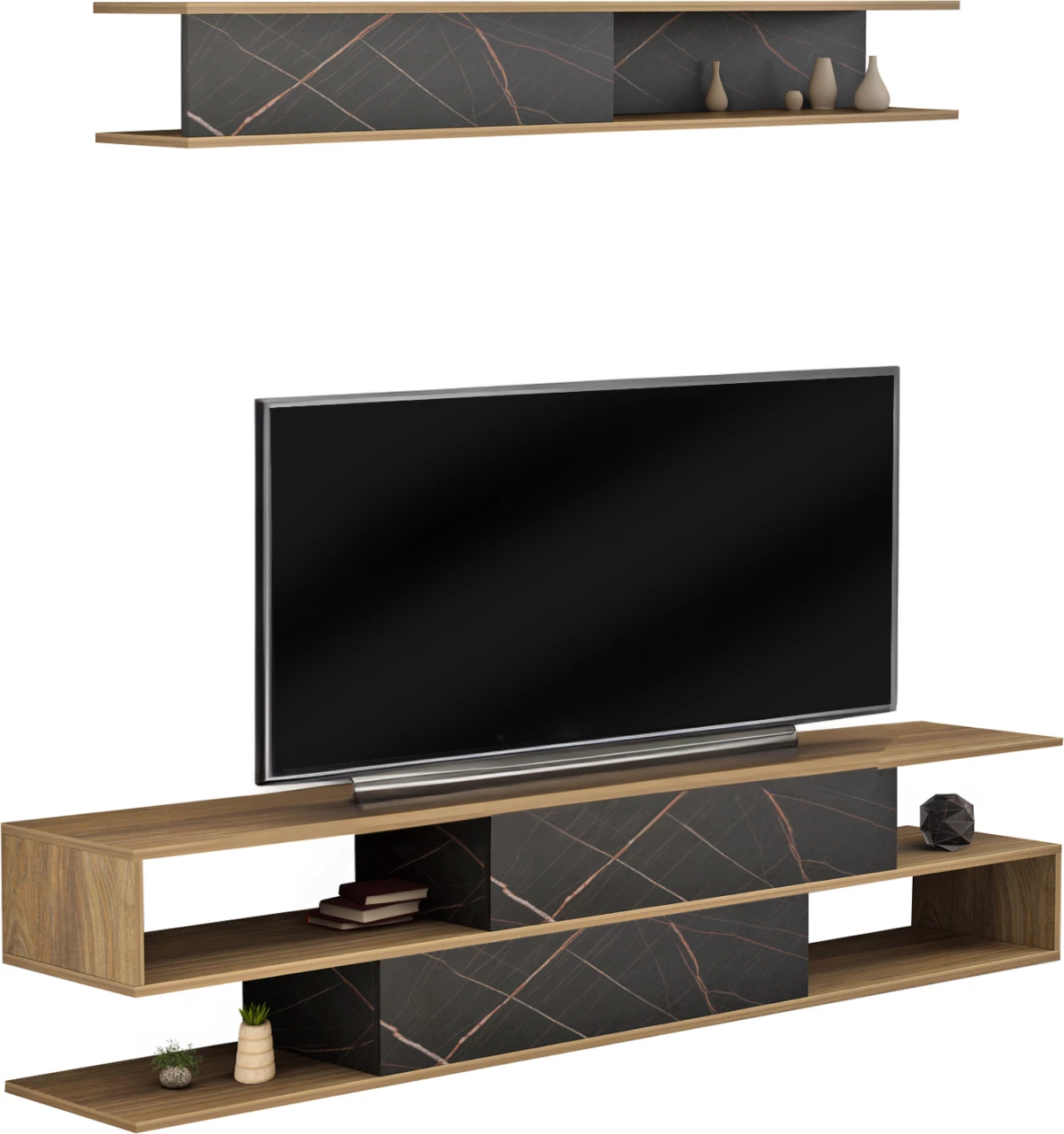 Kompleti i mobiljeve për TV, BIRGITTA, FH8903.12, melaminë, natyrale-mermer i zi, 181x31,5x39,6H cm