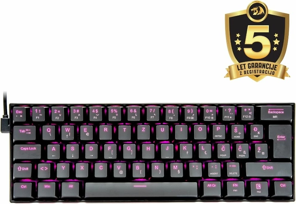 Tastierë mekanike gaming Redragon Dragonborn K630 60% (61 taste), switch Brown, USB-C me kabllo të çmontueshme, ndriçim njëngjyrësh rozë, SLO/CRO, e zezë, set me kabllo & vegël
