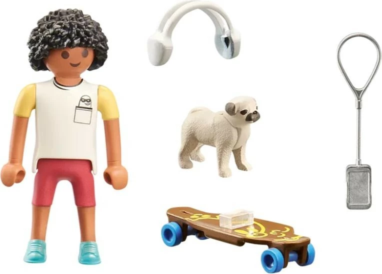Set lodrash Playmobil My Life 71612, djalë me qen dhe skateboard