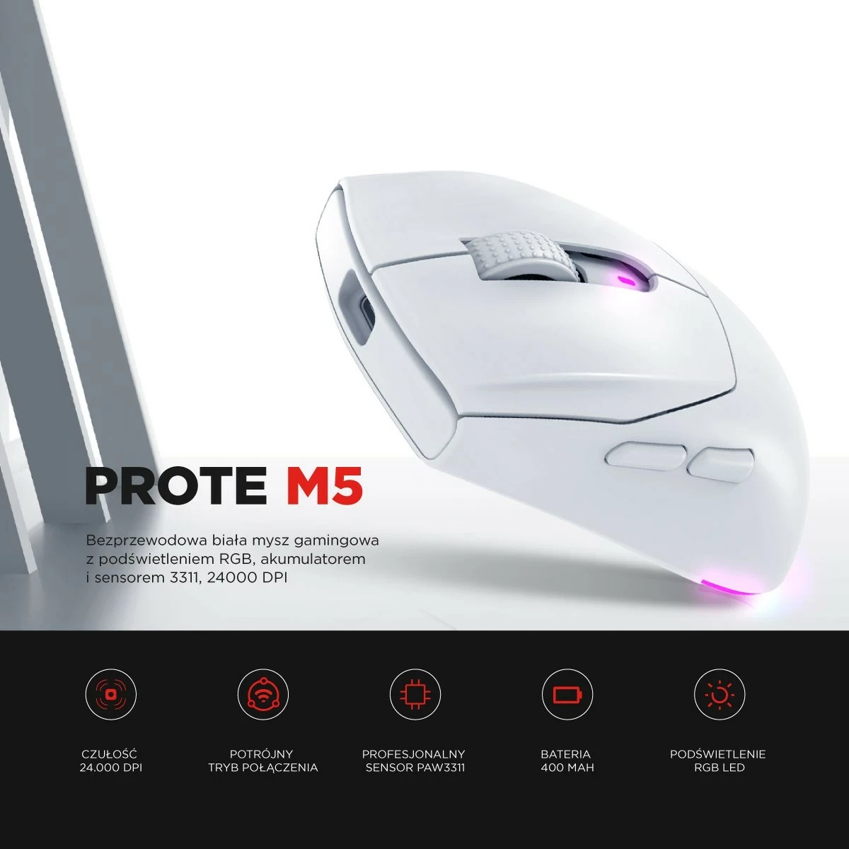 Maus Rampage Prote M5, 24000 DPI, RGB LED, wireless/wired, bardhë