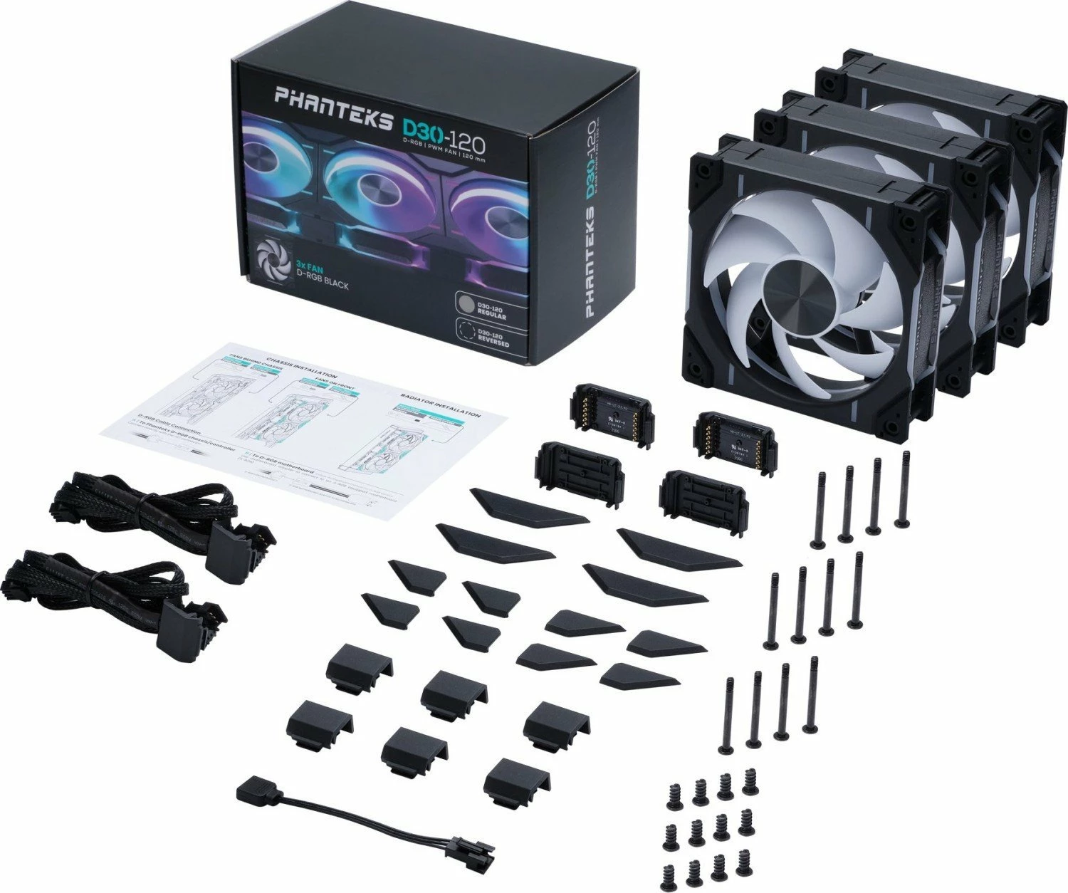 Set ventilatorë PC Phanteks D30-120 PH-F120D30_DRGB_PWM_BK01, 120mm, PWM, D-RGB, 3 copë, e zezë