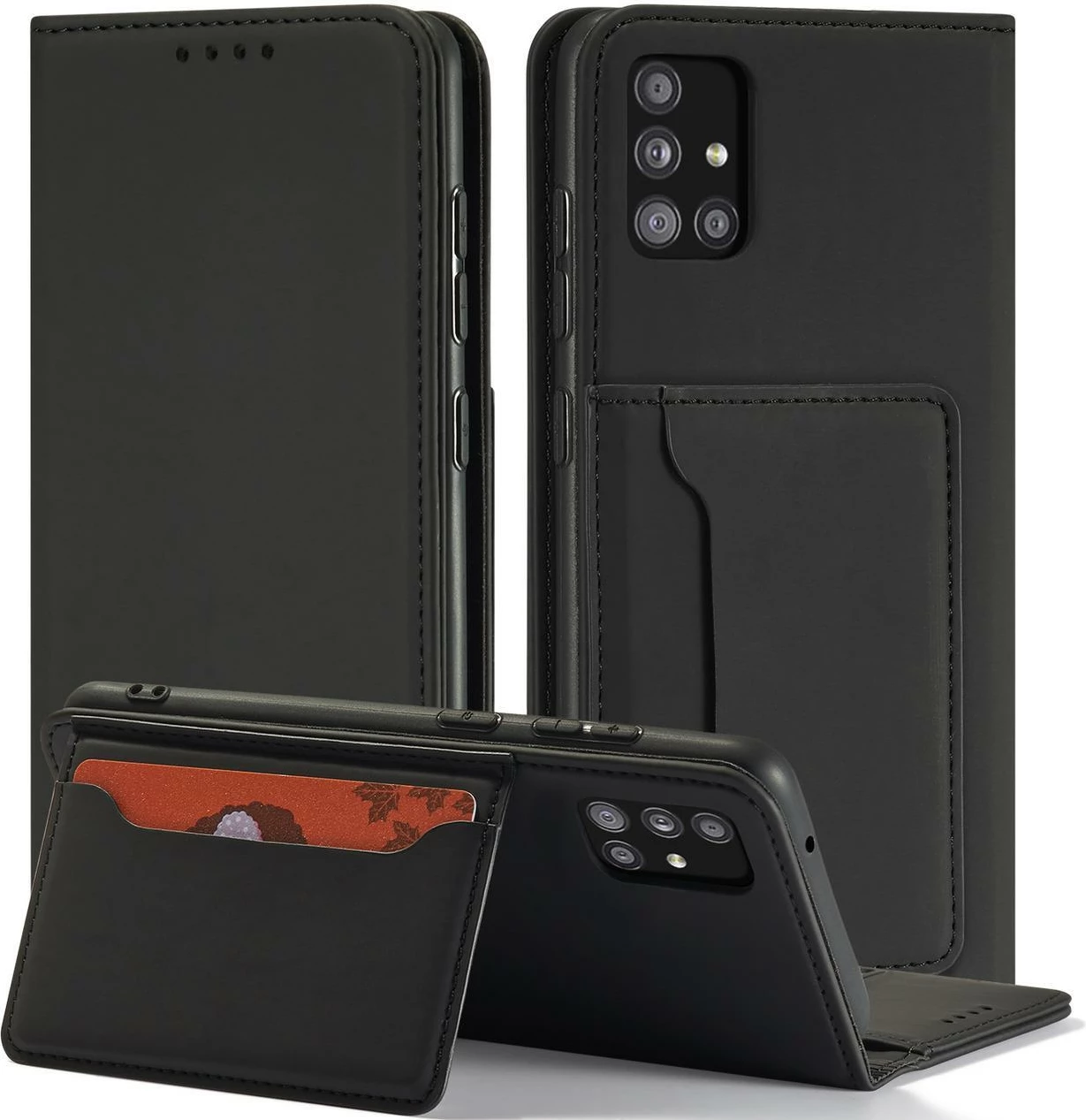 Mbështjellës magnetik për telefon Hurtel për Samsung Galaxy A13 5G, me xhepa për kartela, i zi