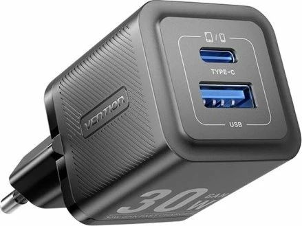 Karikues rrjeti Vention FEQB0-EU 30W, 1x USB-C + 1x USB-A, GaN, i zi