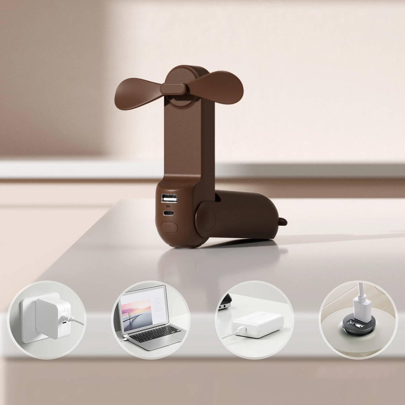 Ventilator dore Jisulife Life8, 2000 mAh, USB-C, power bank, kafe