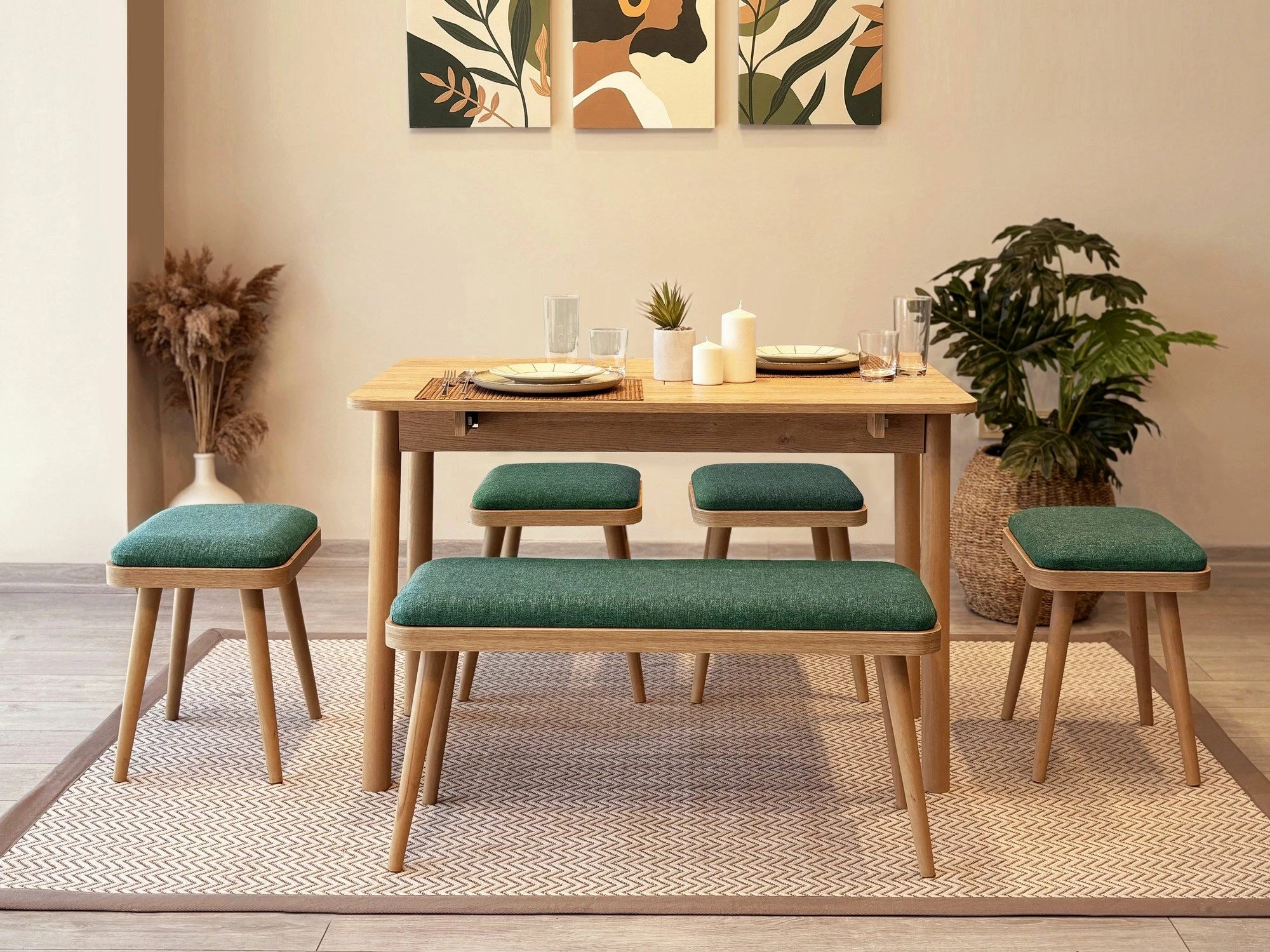 Set tavoline me karrige, zgjatshme, 6 pjesë, Skye Decor, Vina Mini 06 1070, ngjyrë lis, e gjelbër