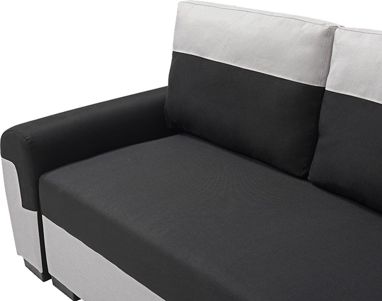 Krevate divan treshe Gaby, me hapësirë për magazinim, stof, ngjyrë e zezë-gri e çelët, 260x88x88cm