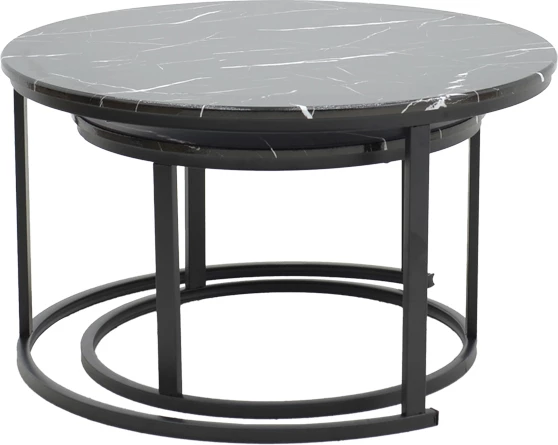 Set tavolinash kafeje Revelon, pamje mermeri të zi, këmbë të zeza, 80x80x45cm, set prej 2 copësh