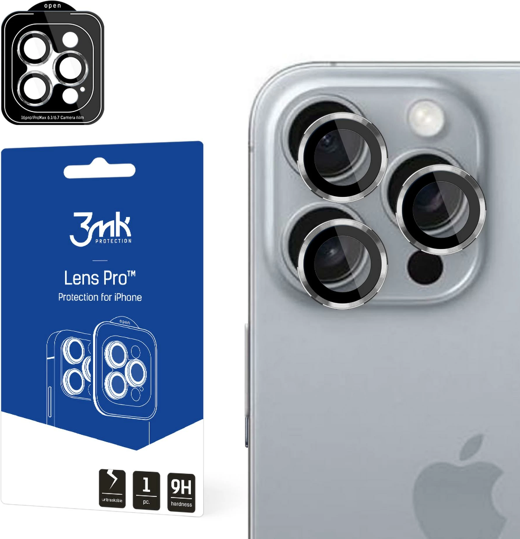 Mbrojtës xhami për kamerë iPhone 16 Pro / 16 Pro Max 3mk Lens Protection Pro me kornizë titani