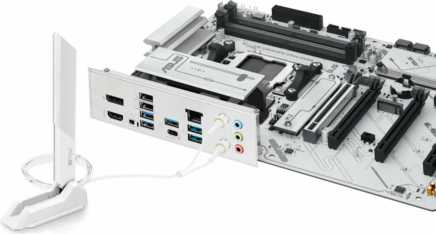 Pllakë amë Asus B850 MAX GAMING WIFI W ATX DDR5 deri 256GB, Wi‑Fi 6E/Bluetooth, e bardhë, me antenë WiFi dhe 2x kabllo SATA