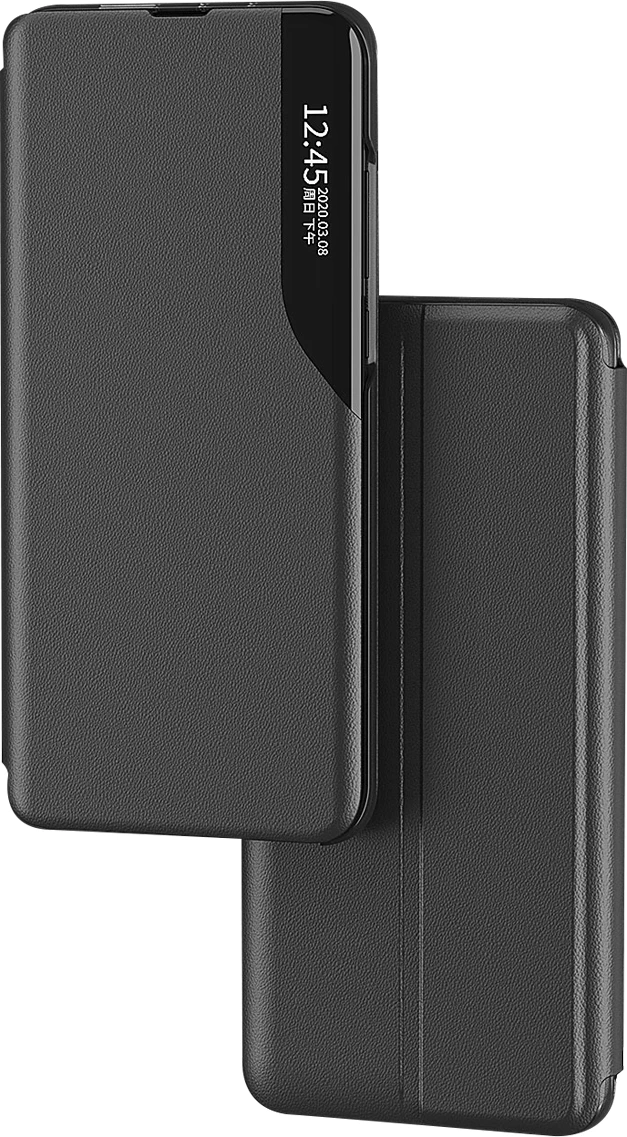 Mbështjellës Hurtel Eco Leather View Case për Xiaomi Redmi 11A / Poco C55 / Redmi 12C, me kapak dhe mbajtëse, e zezë