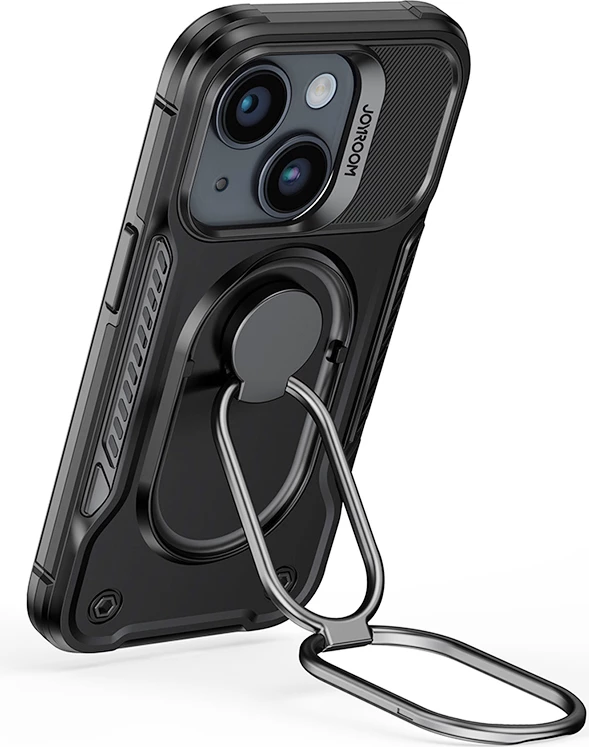 Mbështjellës Joyroom Dual Hinge për iPhone 14, me mbajtëse dhe ring holder, zi