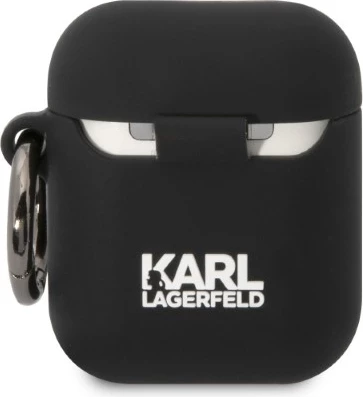 Mbështjellës Karl Lagerfeld për AirPods 1/2, Silicone Karl Head 3D, i zi, me unazë